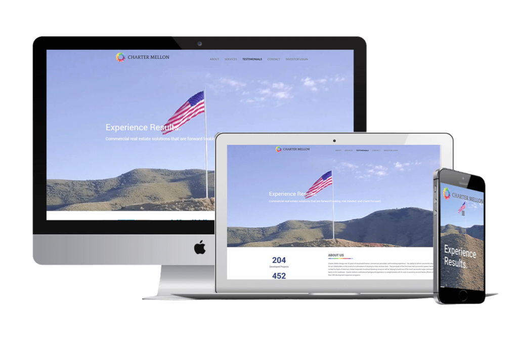 Responsive Charter Mellon Elementor website displayed on desktop, laptop, and mobile screens.